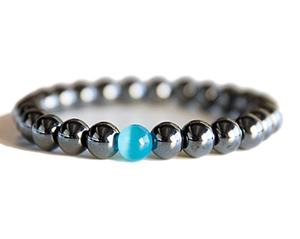 Minimalist Unisex Beaded Bracelet With Hematite Lava Stone Matte Agate And Blue Cats Eye Stone Beads Elastic Stretch Jewelry