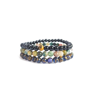 Glass Beaded Bracelet Set For Women Men Round Indian Agate Style Black Stone Minimalist Elastic Strand Bracelet Jewelry Gift