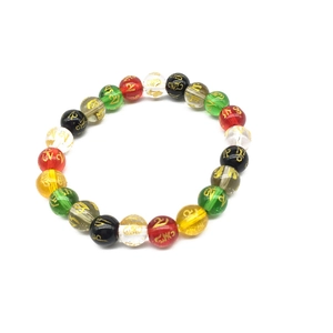 Colorful glass beaded bracelet with golden Om Mani Padme Hum mantras in Buddhist style