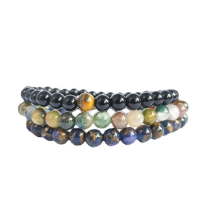 Set of three beaded bracelets with agate stones, tiger eye and marbled blue beads