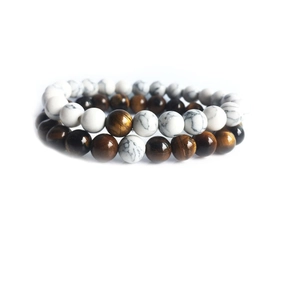 Handmade couple bracelet set with natural tiger eye stone and white turquoise beads