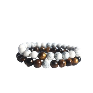 Couples beaded bracelet set featuring natural tiger eye and white turquoise stones