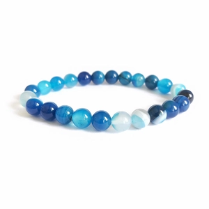 Gros plan de perles d'agate bleue rubanée montrant des motifs naturels et une texture polie