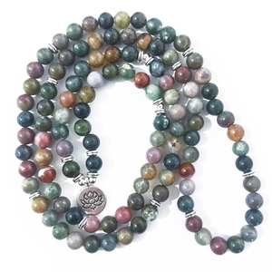 Natural Indian Agate Beads Multi Layer Wrap Bracelet Long Necklace Metal Religious Lotus Om Pendant Bohemian Yoga Jewelry