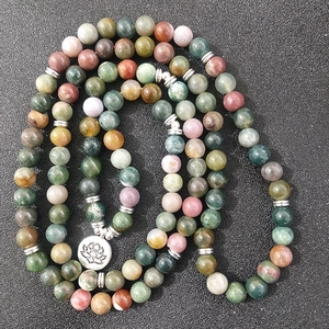 Natural Indian Agate 108 beads wrap bracelet with silver lotus flower charm pendant