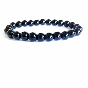 Bracelet extensible en perles d'agate noire 8mm pour hommes et femmes au fini miroir