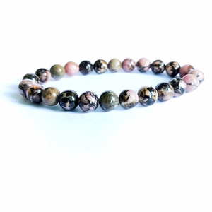 Détails de perles de rhodonite naturelle de 8mm roses et noires sur bracelet mala
