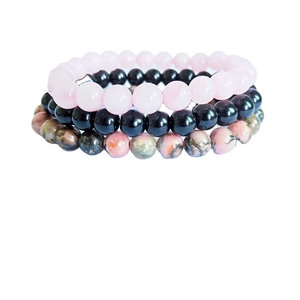 Set de bracelets 8mm en pierres naturelles quartz rose onyx et rhodonite pour femme