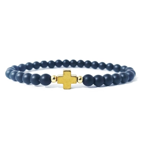 Bracciale Minimalista con Perle in Vetro Smerigliato Croce Stile Religioso Catena a Mano Elastica per Uomo Donna Gioielli Quotidiani