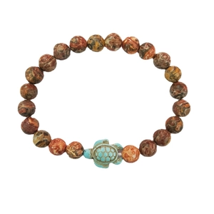 Beaded bracelet with turquoise turtle charm and natural marble textured brown stones
