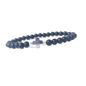 Bracciale minimalista con perline di pietra nera opaca da 6mm e ciondolo a croce
