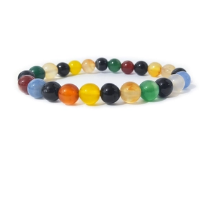 Detalle de pulsera de 8mm con cuentas de ágata natural multicolor y ojo de tigre