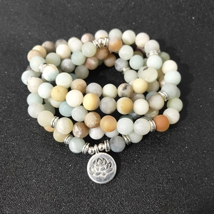 Frosted amazonite stone 108 mala beads bracelet with silver lotus flower pendant