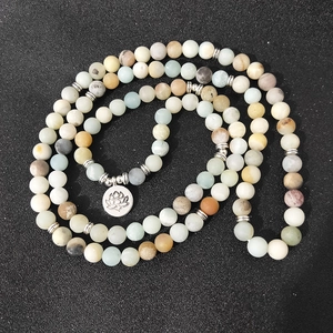 Amazonite 108 beads wrap bracelet with lotus charm and frosted natural stones