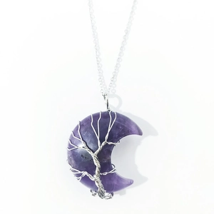 Natural amethyst moon pendant with silver tree of life wire wrap and slim metal chain