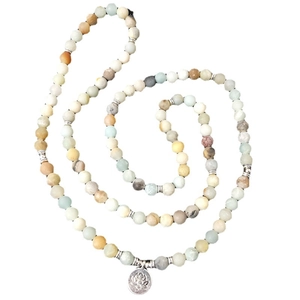 Amazonite 108 bead mala bracelet with silver lotus flower pendant on white background