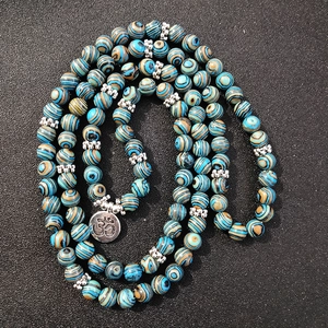 Blue malachite 108 beads yoga bracelet with silver Om pendant and metal spacers
