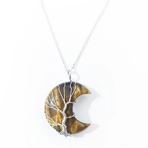 Tiger eye moon pendant necklace with silver tree of life wire wrap and fine chain