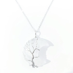Detailed silver wire tree of life wrapped moon crescent crystal pendant on thin chain