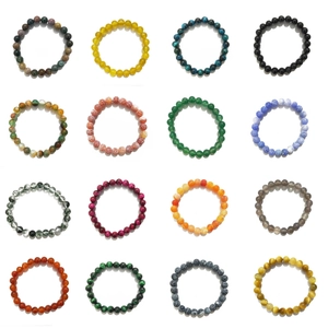 Collection of 16 styles of 8mm natural crystal and agate beaded bracelets in a grid layout