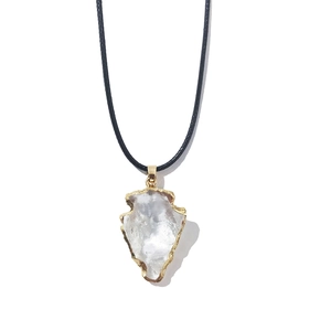 Arrowhead crystal pendant with gold plating on black cord showing natural stone texture