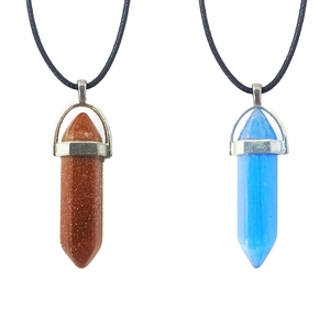 Natuursteen Zeshoekige Pilaar Hanger Halsketting Voor Vrouwen Retro Kristal Bullet Point Healing Sieraden Met Zwart Leren Koord
