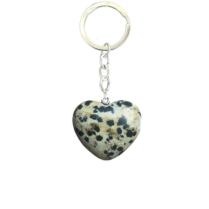 Natural dalmatian jasper heart shaped stone keychain with silver metal ring and chain