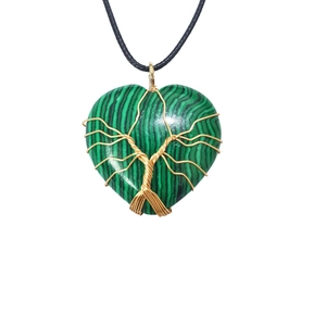 Handmade gold wire-wrapped heart malachite tree of life pendant necklace with black cord