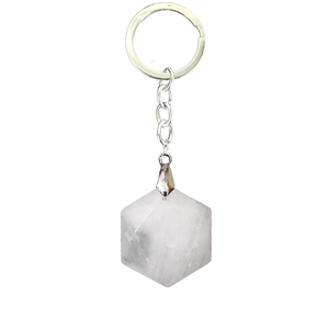 Detail view of hexagonal natural white crystal prism pendant on silver keychain