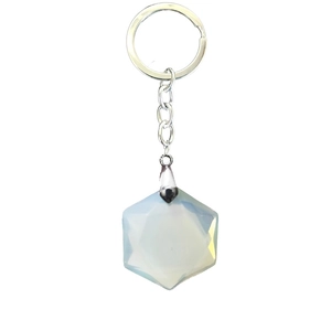 Detail shot of a hexagonal star crystal pendant on a polished silver metal keychain