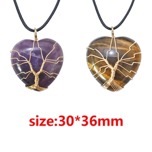 Natural crystal heart tree of life pendant necklace with golden wire wrapping