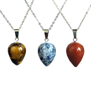 Three natural teardrop stone necklaces in tiger eye, sodalite, and red jasper with silver chain