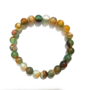 Detailed close-up of 8mm natural agate and tiger eye crystal beads on elastic bracelet