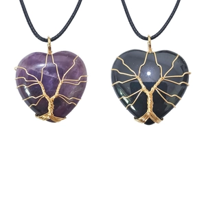 Tree Of Life Wire Wrapped Heart Crystal Pendant Necklace For Women Men Natural Stone Amethyst Rose Quartz Jewelry Gift
