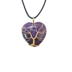 Amethyst heart pendant necklace with golden tree of life wire wrap and black cord