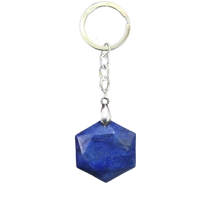 Lapis lazuli hexagram crystal pendant keychain with silver-tone metal ring and chain link