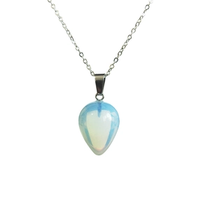 Minimalist silver chain necklace featuring a teardrop-shaped opal pendant with blue glow