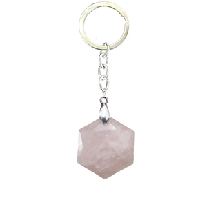 Handmade rose quartz hexagonal crystal keychain with polished silver metal link chain