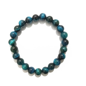 Natural 8mm Blue Tiger Eye stone bead bracelet with silk luster on a white background