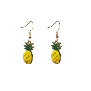 Detail of pineapple dangle earrings with yellow enamel fruit and green leaf accents