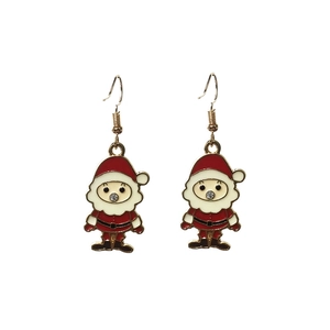 Detailed close-up of Santa Claus drop earrings with red enamel and small crystal stone