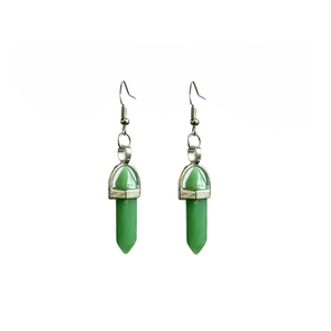 Close-up of green hexagonal crystal pillar earrings with silver hooks on white background