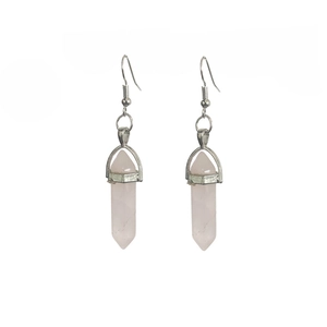 Natural pink crystal hexagonal prism drop earrings with silver hooks for women