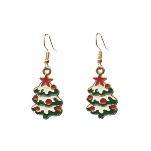 Detail of Christmas tree drop earrings with green enamel and gold-plated hooks