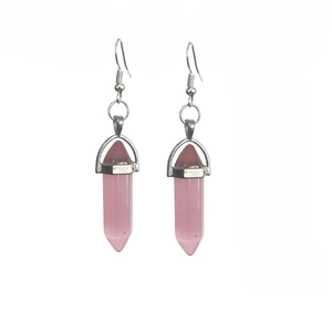 Pink hexagonal crystal column earrings with silver hooks for a bohemian style look