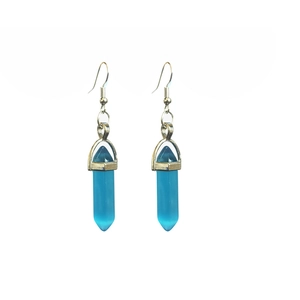 Elegant silver hook earrings featuring light blue hexagonal crystal stone pendants