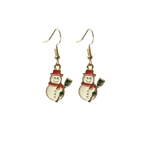 Cute Christmas snowman drop earrings with red hat and green broom in gold finish