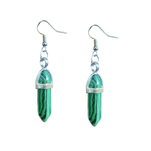 Green malachite hexagonal column earrings with silver hooks for women