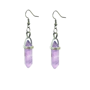 Detailed view of natural amethyst hexagonal column earrings with silver metal hooks