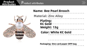 Detail view of the bee pearl brooch with dimensions and zinc alloy product attributes